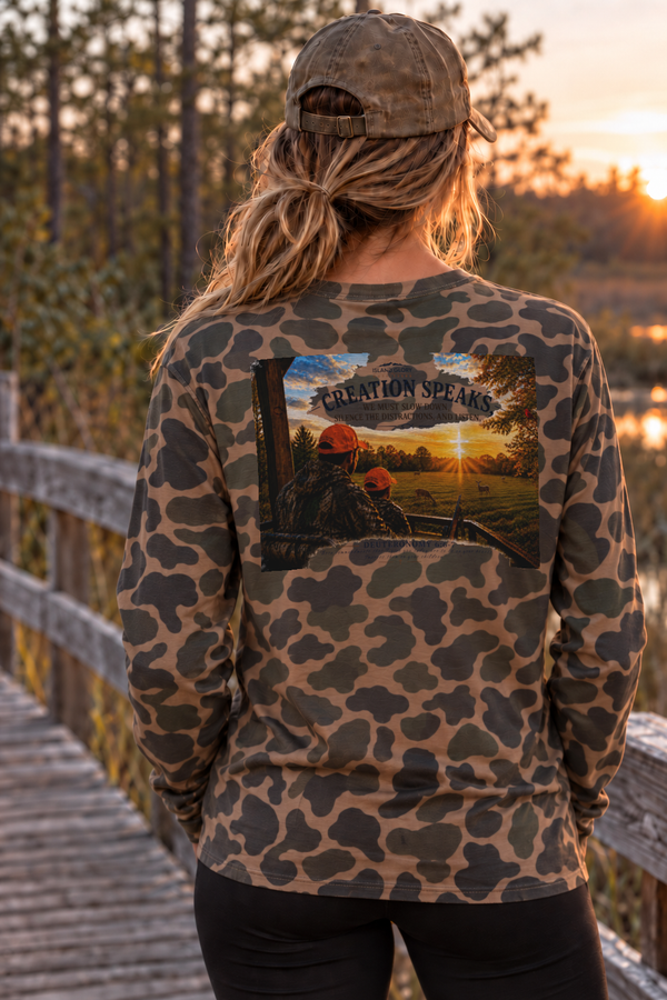 Island Glory Creation Speaks long sleeve in Duck Camo — back design