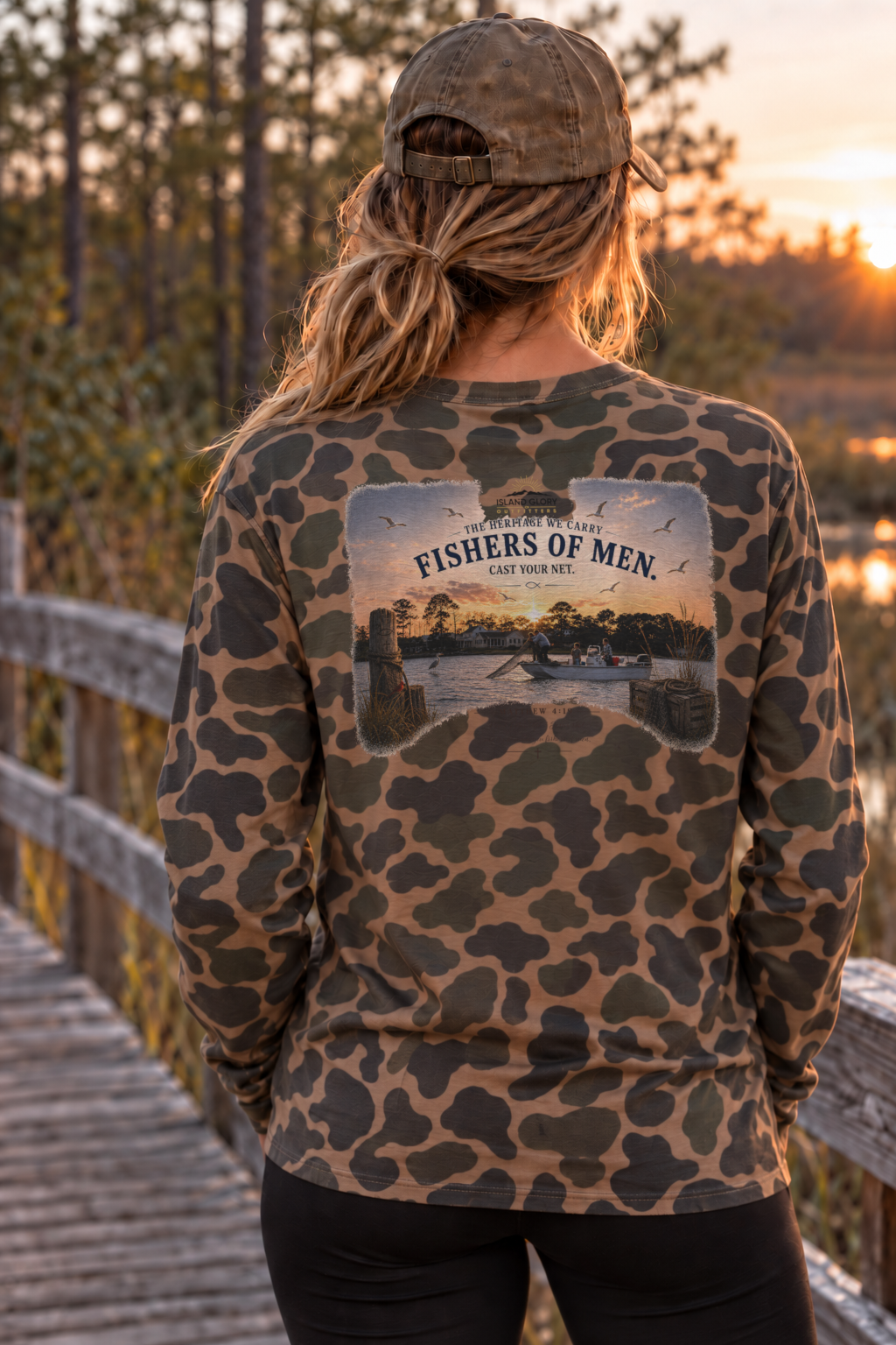 Island Glory Fishers of Men long sleeve in Duck Camo — back design