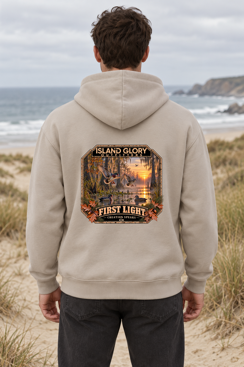 First Light — Hoodie / Cement — back artwork mockup