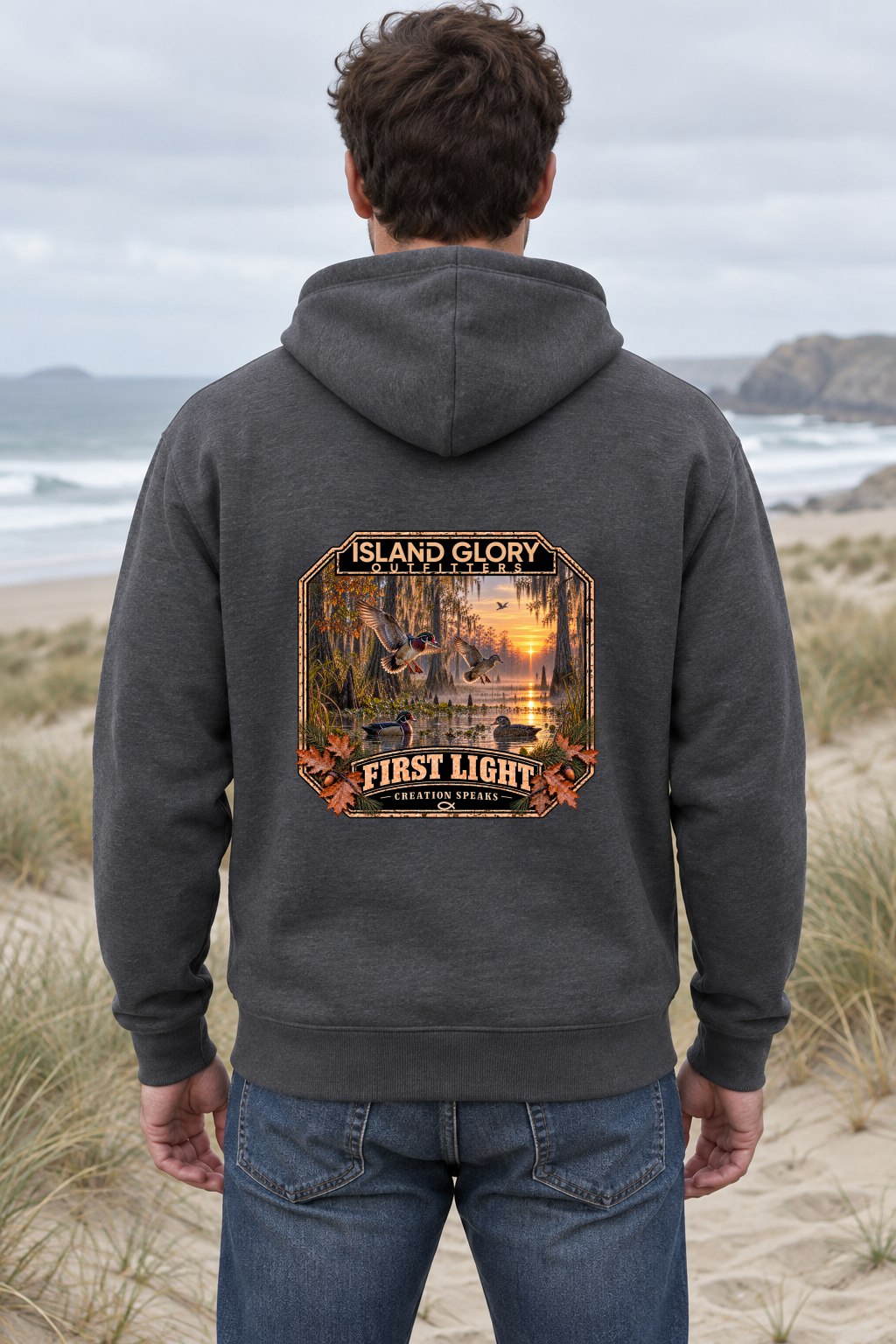 First Light — Hoodie / Charcoal Heather — back artwork mockup