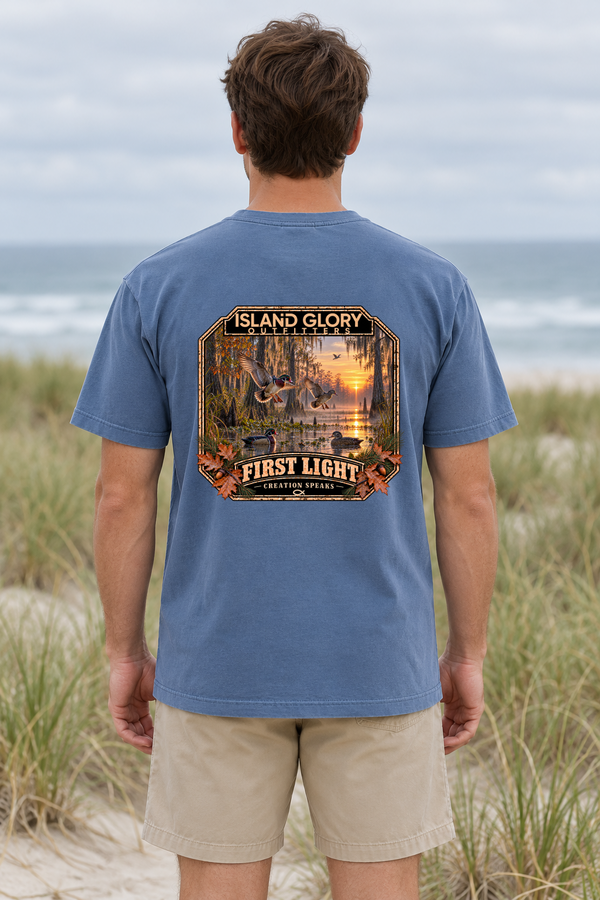 First Light — Pocket T-Shirt / Blue Jean — back artwork mockup