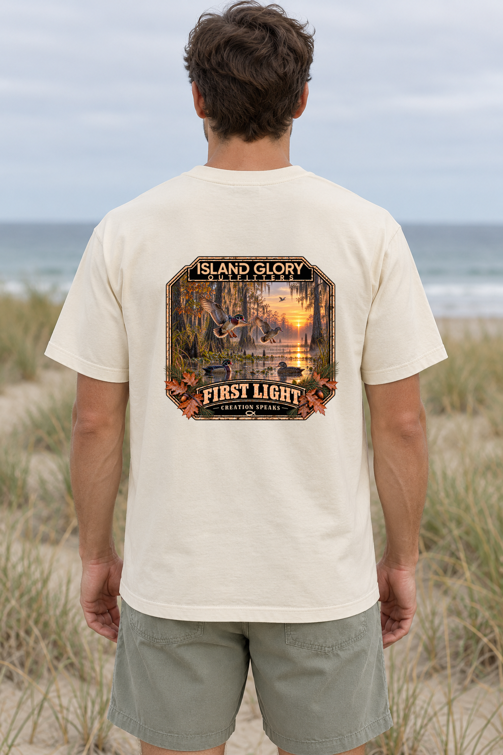 First Light — T-Shirt / Ivory — back artwork mockup