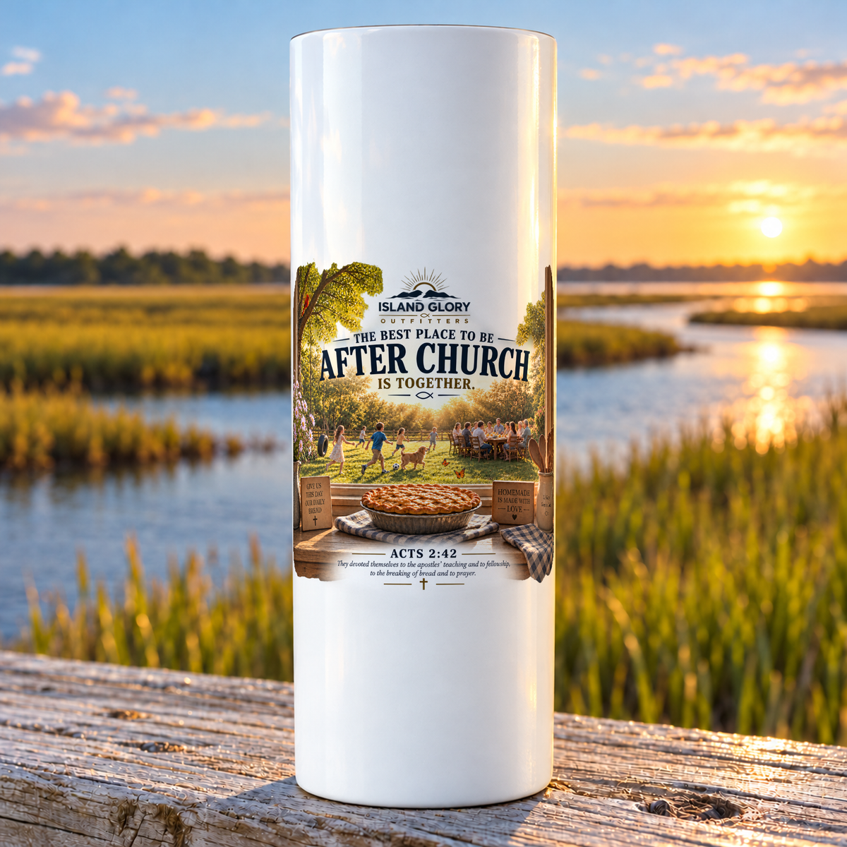After Church design on a white Hogg 20 oz skinny tumbler beside an Eastern North Carolina coastal marsh.
