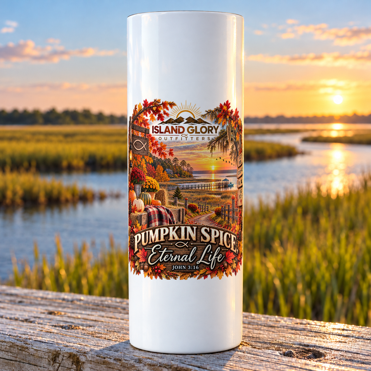 Pumpkin Spice & Eternal Life design on a white Hogg 20 oz skinny tumbler beside an Eastern North Carolina coastal marsh.