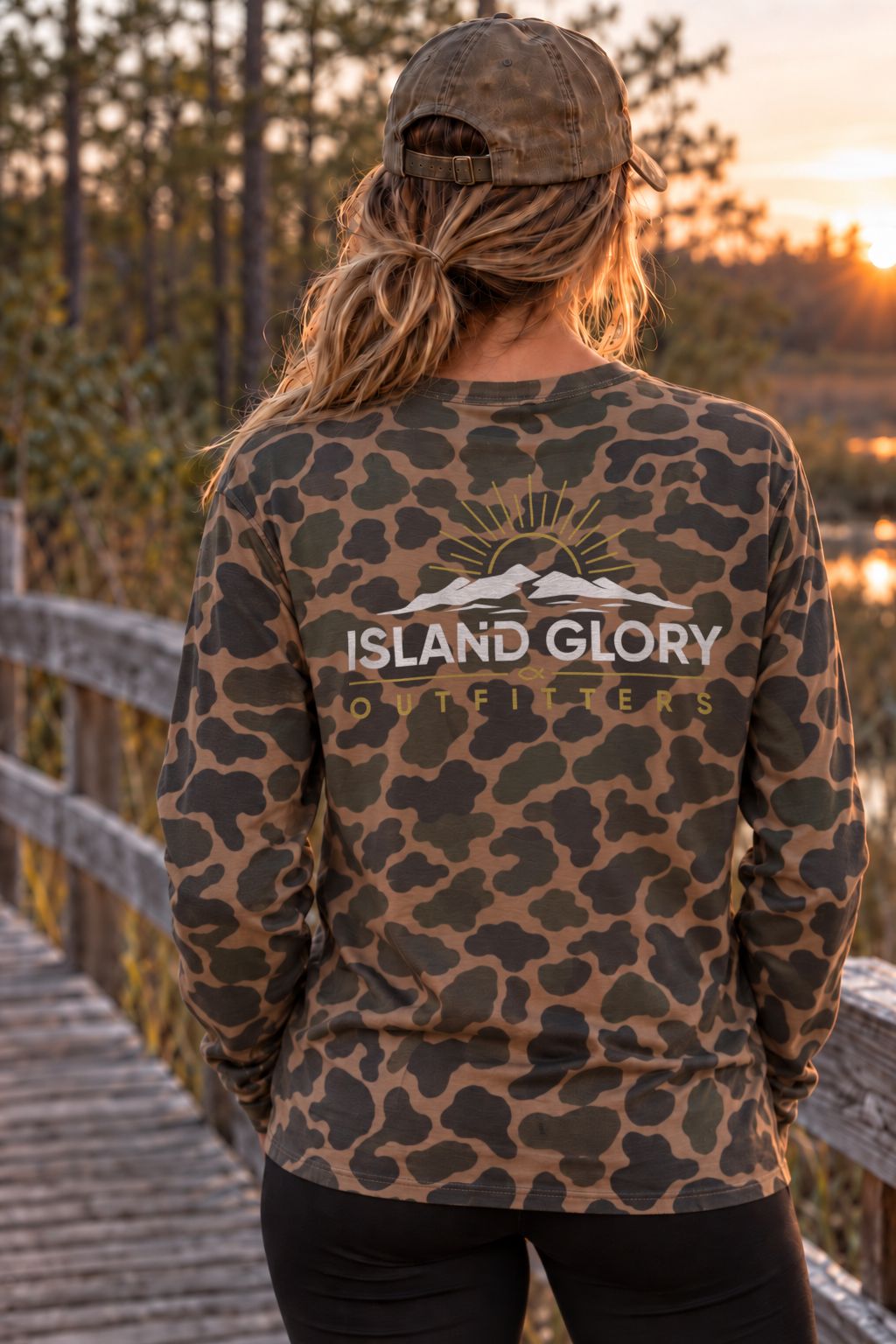 Island Glory Horizon long sleeve in Duck Camo — back design