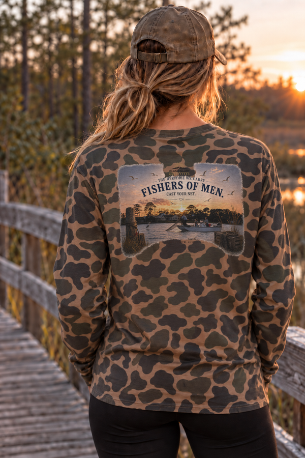Island Glory Fishers of Men long sleeve in Duck Camo — back design