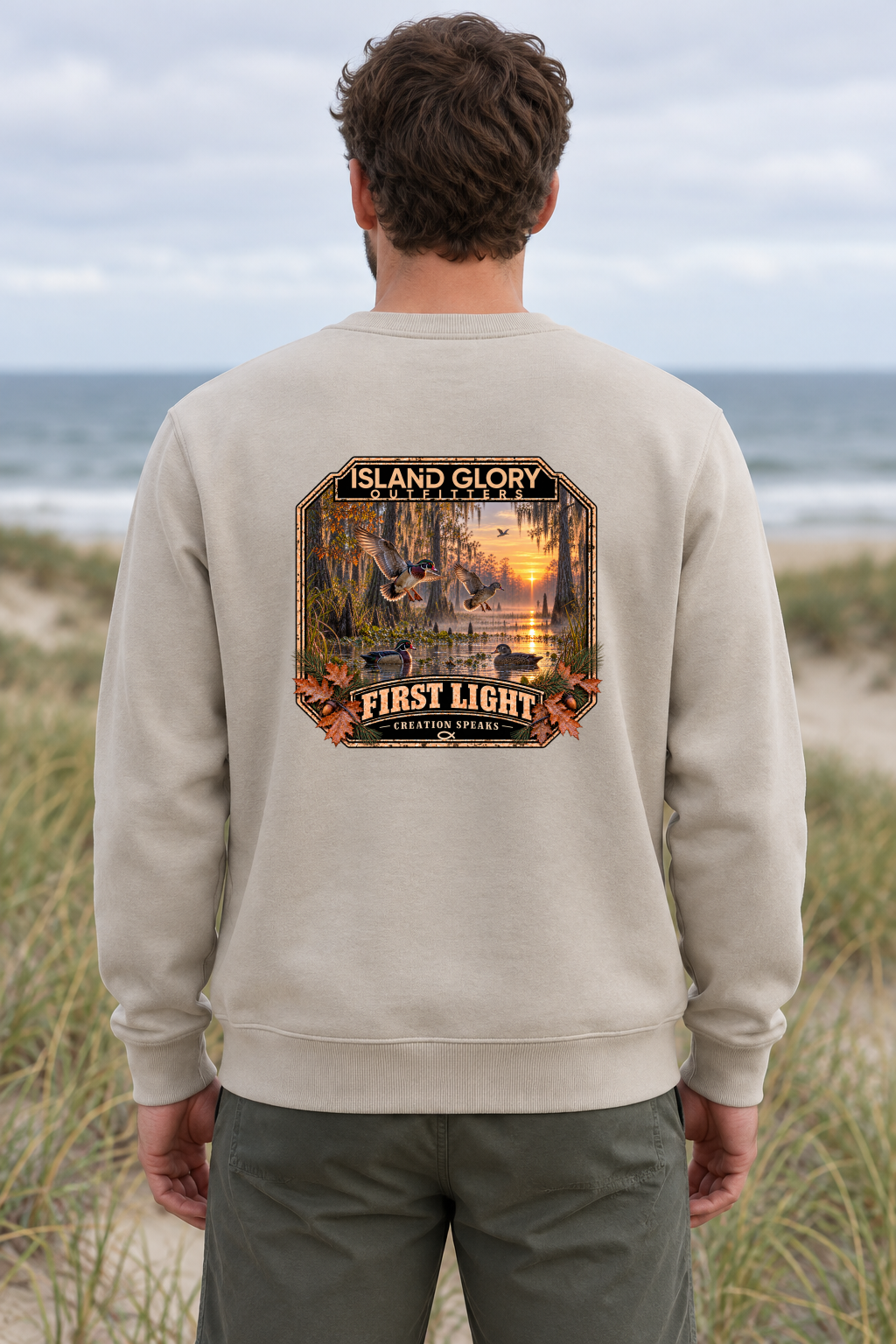 First Light — Crewneck / Cement — back artwork mockup