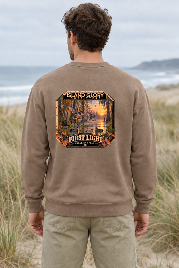 First Light — Crewneck / Independent Trading Co. Pigment Clay — back artwork mockup