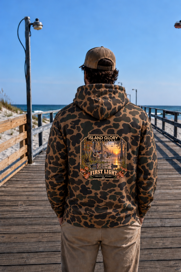 First Light — Hoodie / Duck Camo & First Light Logo — back artwork mockup