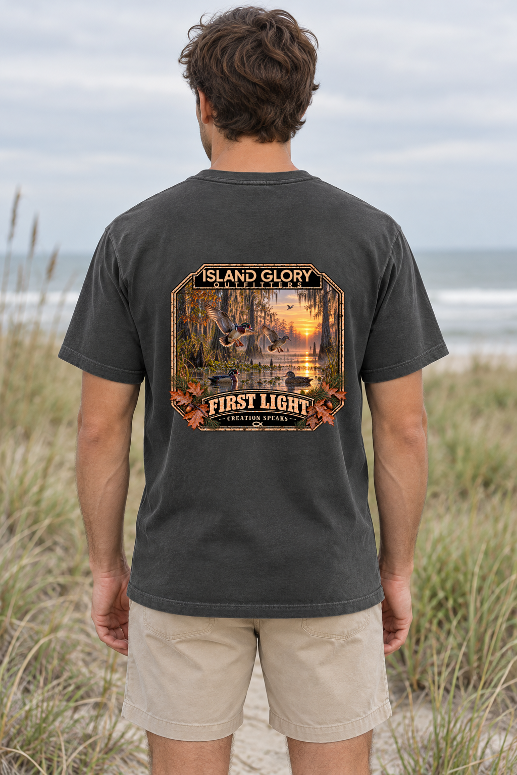 First Light — Pocket T-Shirt / Pepper — back artwork mockup