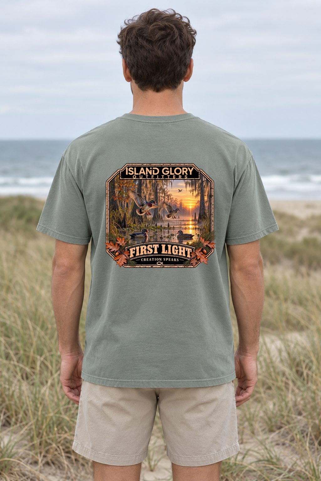 First Light — T-Shirt / Bay — back artwork mockup