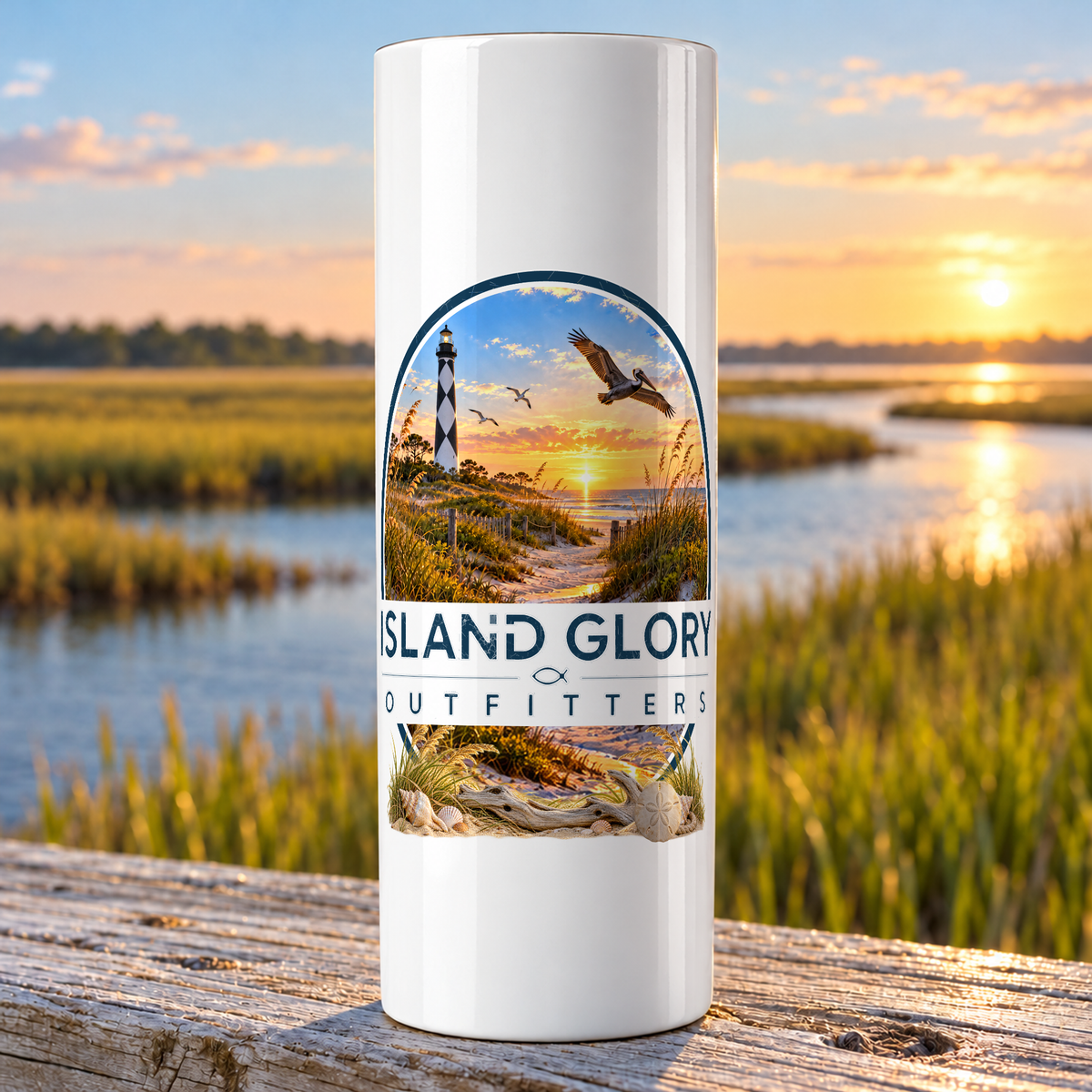 Cape Lookout design on a white Hogg 20 oz skinny tumbler beside an Eastern North Carolina coastal marsh.