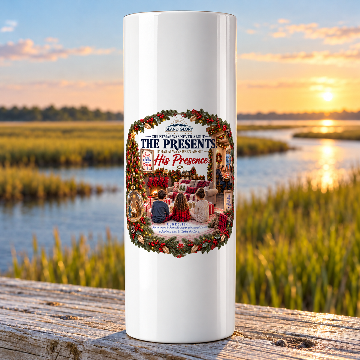 His Presence design on a white Hogg 20 oz skinny tumbler beside an Eastern North Carolina coastal marsh.
